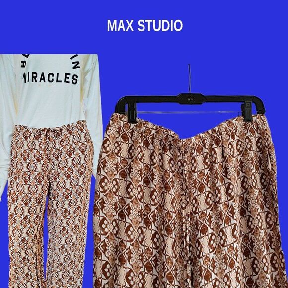MAX STUDIO NEW Bohemian Medallion Drawstring Flowing Wide Leg Pant M - Picture 2 of 12